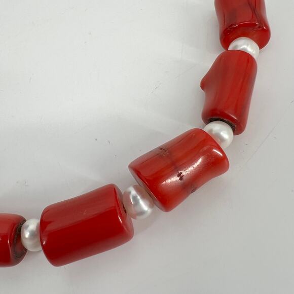 Red Coral Genuine Pearl Necklace Silver Clasp 18 inch Chunky Statement Tropical - Picture 8 of 11